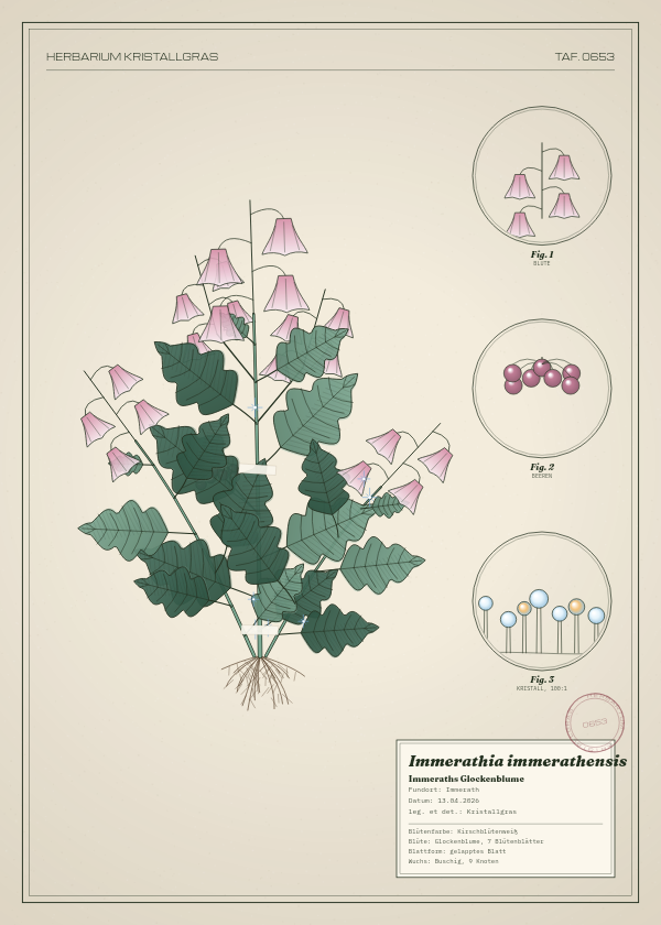 Botanische Tafel: Immerathia immerathensis, eine erfundene Pflanze aus Immerath, gezeichnet wie in einem alten Pflanzenatlas