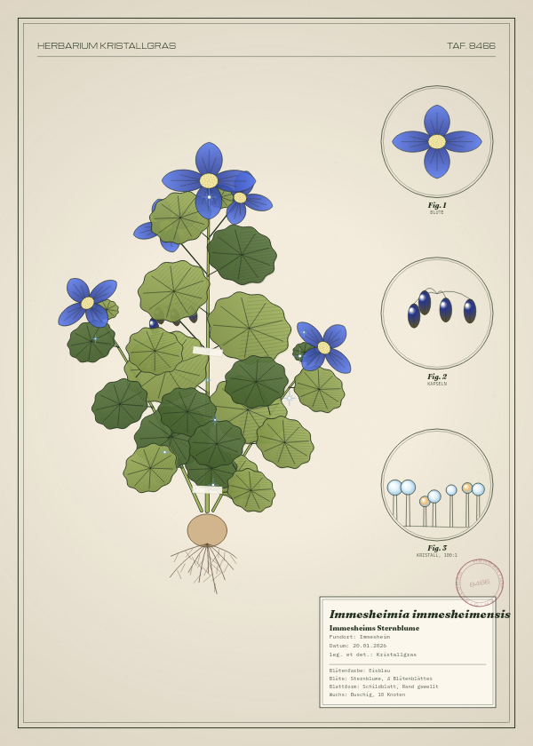 Botanische Tafel: Immesheimia immesheimensis, eine erfundene Pflanze aus Immesheim, gezeichnet wie in einem alten Pflanzenatlas