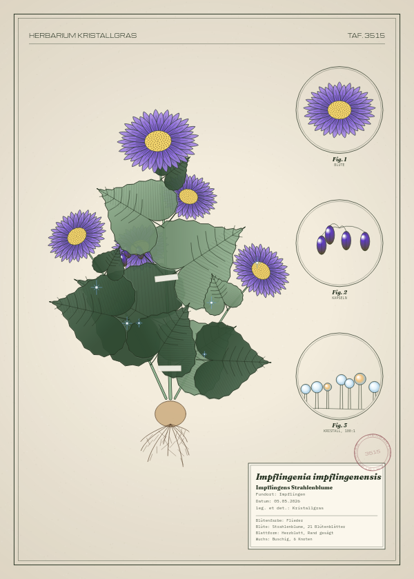 Botanische Tafel: Impflingenia impflingenensis, eine erfundene Pflanze aus Impflingen, gezeichnet wie in einem alten Pflanzenatlas