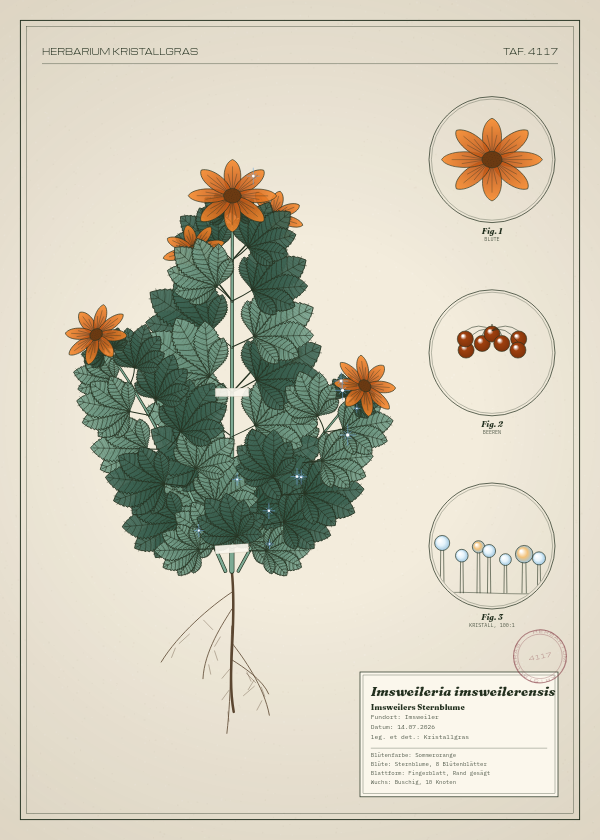 Botanische Tafel: Imsweileria imsweilerensis, eine erfundene Pflanze aus Imsweiler, gezeichnet wie in einem alten Pflanzenatlas