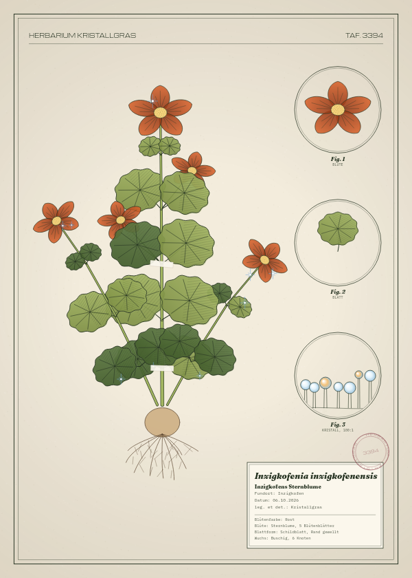 Botanische Tafel: Inzigkofenia inzigkofenensis, eine erfundene Pflanze aus Inzigkofen, gezeichnet wie in einem alten Pflanzenatlas