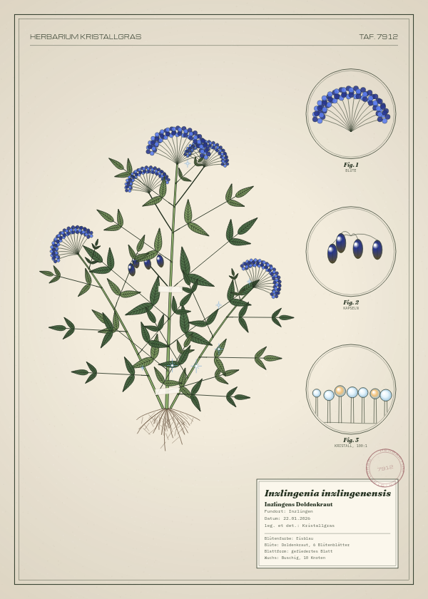 Botanische Tafel: Inzlingenia inzlingenensis, eine erfundene Pflanze aus Inzlingen, gezeichnet wie in einem alten Pflanzenatlas