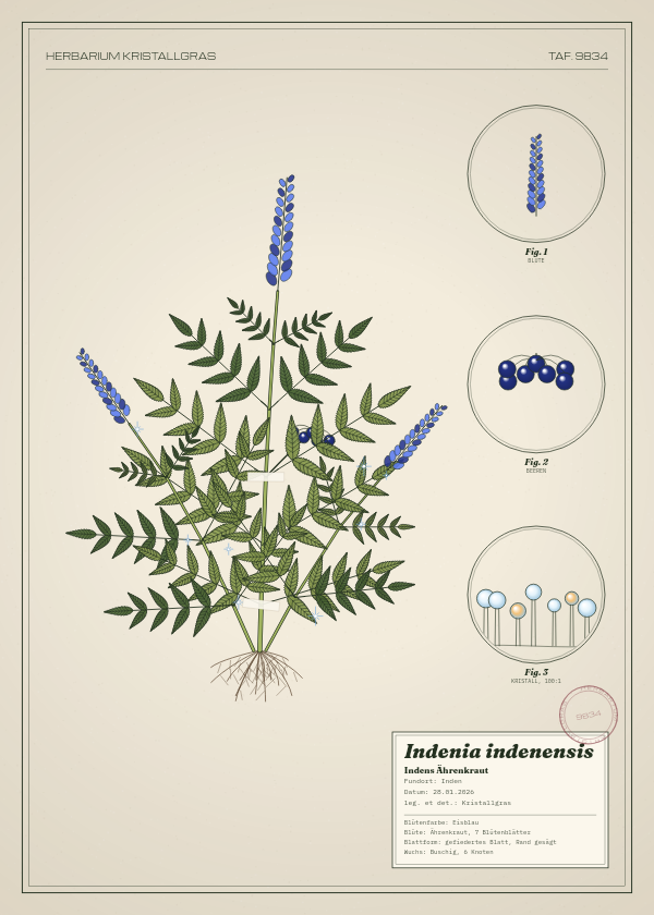 Botanische Tafel: Indenia indenensis, eine erfundene Pflanze aus Inden, gezeichnet wie in einem alten Pflanzenatlas
