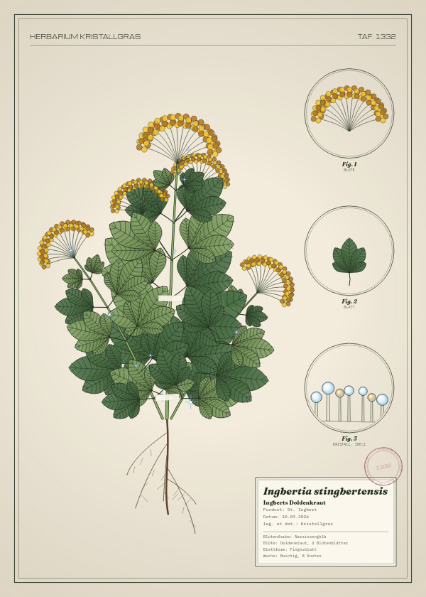 Botanische Tafel: Ingbertia stingbertensis, eine erfundene Pflanze aus St. Ingbert, gezeichnet wie in einem alten Pflanzenatlas