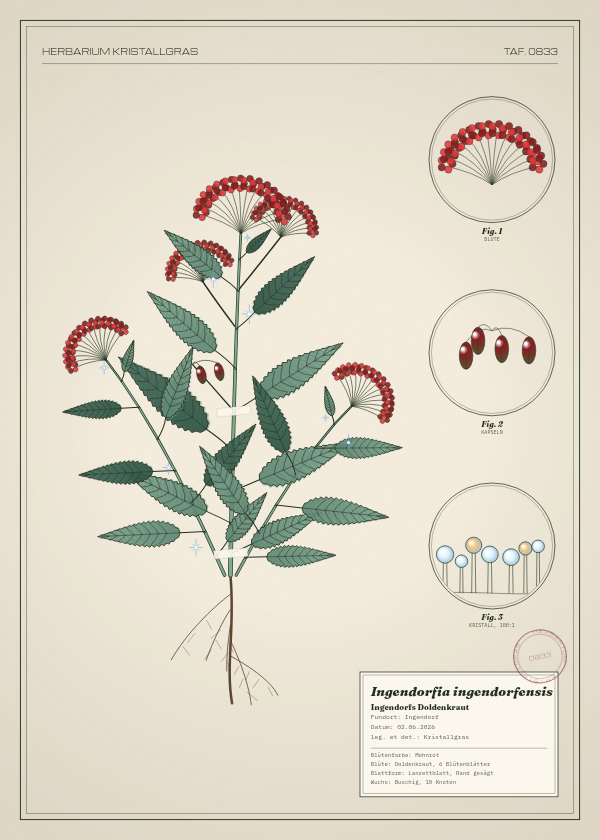 Botanische Tafel: Ingendorfia ingendorfensis, eine erfundene Pflanze aus Ingendorf, gezeichnet wie in einem alten Pflanzenatlas