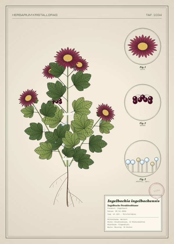 Botanische Tafel: Ingelbachia ingelbachensis, eine erfundene Pflanze aus Ingelbach, gezeichnet wie in einem alten Pflanzenatlas