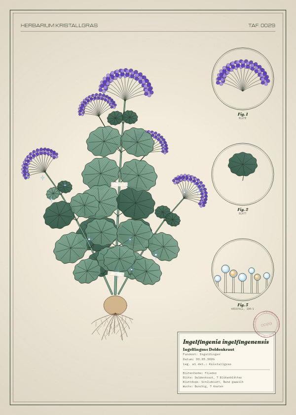 Botanische Tafel: Ingelfingenia ingelfingenensis, eine erfundene Pflanze aus Ingelfingen, gezeichnet wie in einem alten Pflanzenatlas