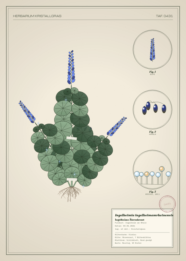 Botanische Tafel: Ingelheimia ingelheimamrheinensis, eine erfundene Pflanze aus Ingelheim am Rhein, gezeichnet wie in einem alten Pflanzenatlas