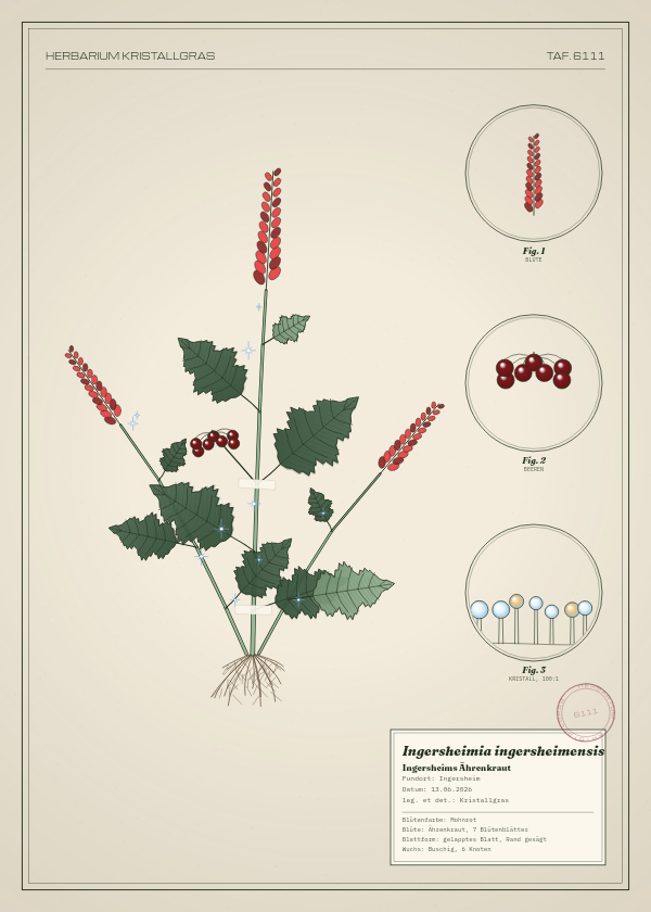 Botanische Tafel: Ingersheimia ingersheimensis, eine erfundene Pflanze aus Ingersheim, gezeichnet wie in einem alten Pflanzenatlas