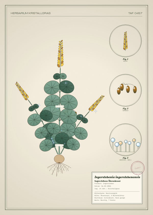 Botanische Tafel: Ingerslebenia ingerslebenensis, eine erfundene Pflanze aus Ingersleben, gezeichnet wie in einem alten Pflanzenatlas