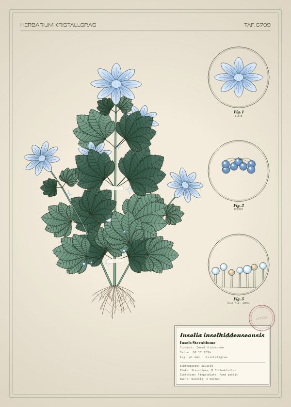 Botanische Tafel: Inselia inselhiddenseensis, eine erfundene Pflanze aus Insel Hiddensee, gezeichnet wie in einem alten Pflanzenatlas