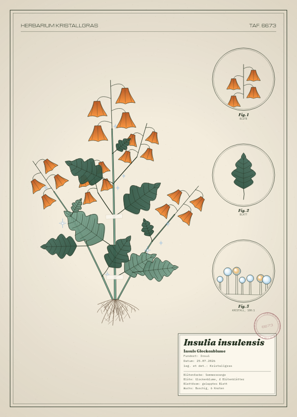 Botanische Tafel: Insulia insulensis, eine erfundene Pflanze aus Insul, gezeichnet wie in einem alten Pflanzenatlas