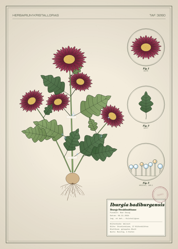 Botanische Tafel: Iburgia badiburgensis, eine erfundene Pflanze aus Bad Iburg, gezeichnet wie in einem alten Pflanzenatlas