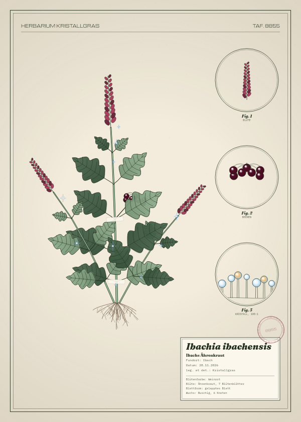 Botanische Tafel: Ibachia ibachensis, eine erfundene Pflanze aus Ibach, gezeichnet wie in einem alten Pflanzenatlas