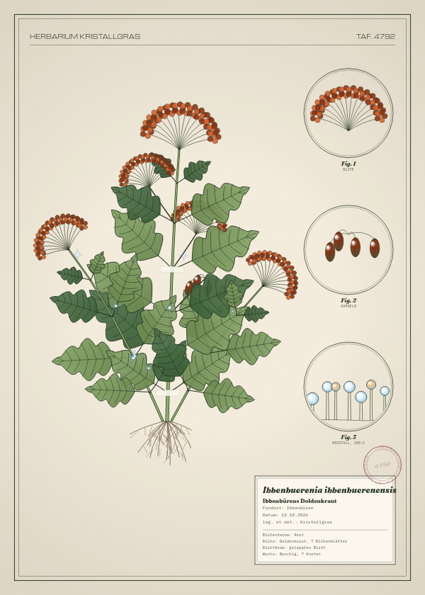 Botanische Tafel: Ibbenbuerenia ibbenbuerenensis, eine erfundene Pflanze aus Ibbenbüren, gezeichnet wie in einem alten Pflanzenatlas
