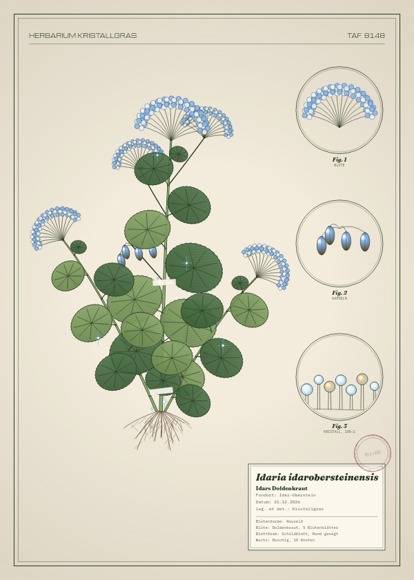Botanische Tafel: Idaria idarobersteinensis, eine erfundene Pflanze aus Idar-Oberstein, gezeichnet wie in einem alten Pflanzenatlas