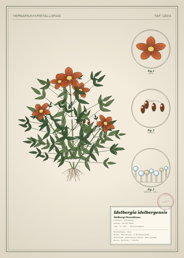 Botanische Tafel: Idelbergia idelbergensis, eine erfundene Pflanze aus Idelberg, gezeichnet wie in einem alten Pflanzenatlas