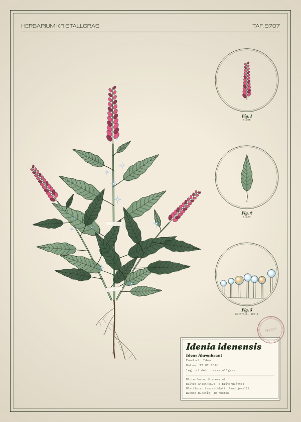 Botanische Tafel: Idenia idenensis, eine erfundene Pflanze aus Iden, gezeichnet wie in einem alten Pflanzenatlas