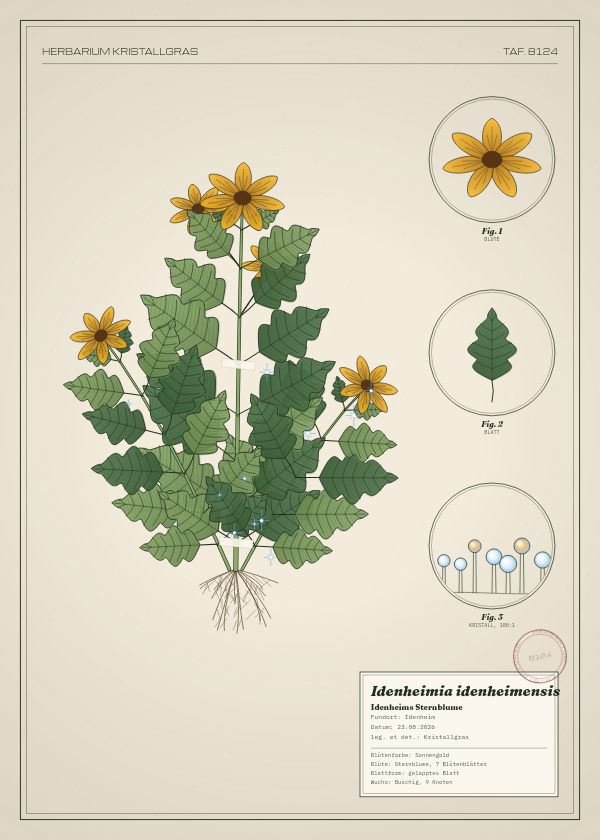 Botanische Tafel: Idenheimia idenheimensis, eine erfundene Pflanze aus Idenheim, gezeichnet wie in einem alten Pflanzenatlas