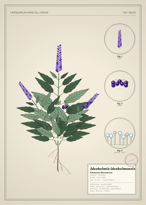 Botanische Tafel: Idesheimia idesheimensis, eine erfundene Pflanze aus Idesheim, gezeichnet wie in einem alten Pflanzenatlas
