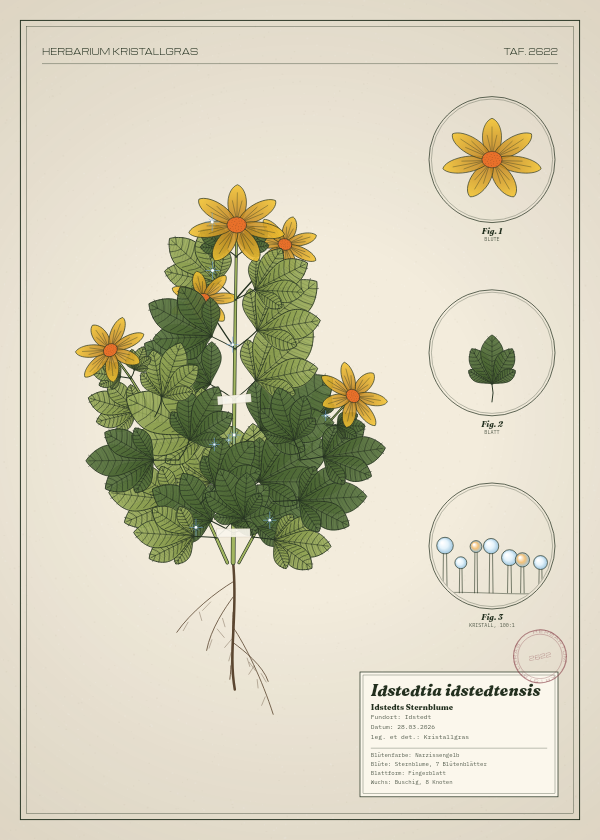 Botanische Tafel: Idstedtia idstedtensis, eine erfundene Pflanze aus Idstedt, gezeichnet wie in einem alten Pflanzenatlas