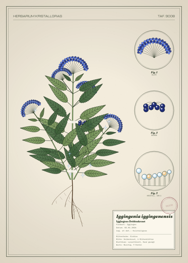 Botanische Tafel: Iggingenia iggingenensis, eine erfundene Pflanze aus Iggingen, gezeichnet wie in einem alten Pflanzenatlas