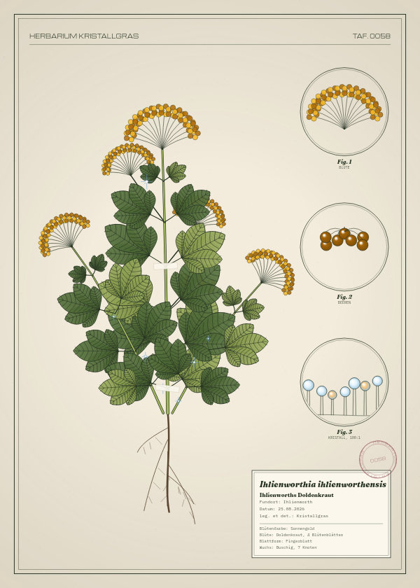 Botanische Tafel: Ihlienworthia ihlienworthensis, eine erfundene Pflanze aus Ihlienworth, gezeichnet wie in einem alten Pflanzenatlas