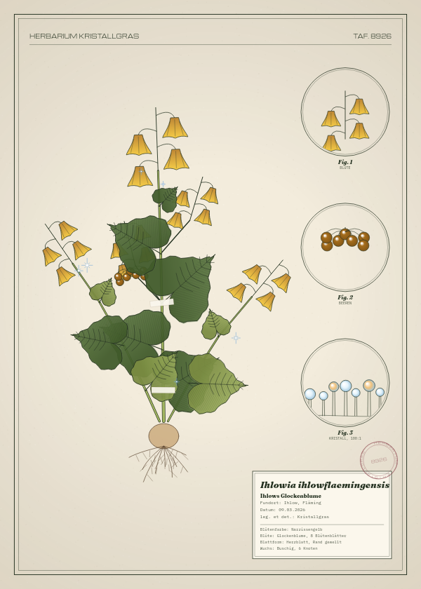 Botanische Tafel: Ihlowia ihlowflaemingensis, eine erfundene Pflanze aus Ihlow, Fläming, gezeichnet wie in einem alten Pflanzenatlas
