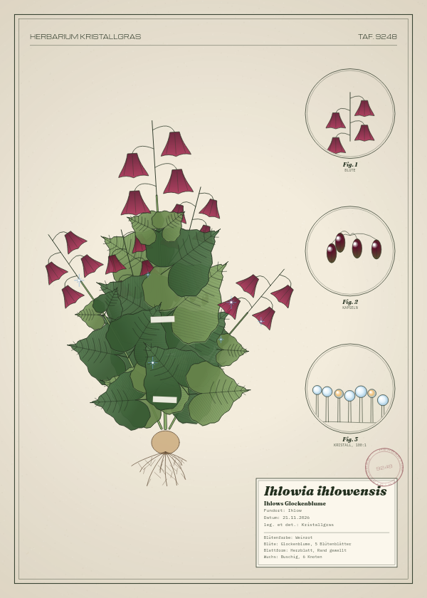 Botanische Tafel: Ihlowia ihlowensis, eine erfundene Pflanze aus Ihlow, gezeichnet wie in einem alten Pflanzenatlas