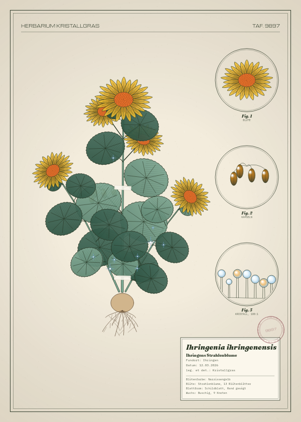 Botanische Tafel: Ihringenia ihringenensis, eine erfundene Pflanze aus Ihringen, gezeichnet wie in einem alten Pflanzenatlas