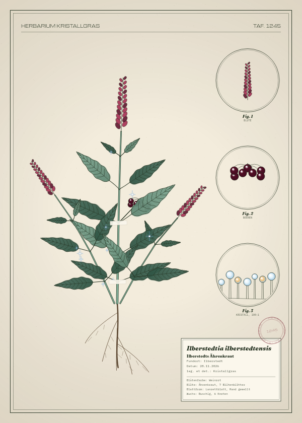 Botanische Tafel: Ilberstedtia ilberstedtensis, eine erfundene Pflanze aus Ilberstedt, gezeichnet wie in einem alten Pflanzenatlas