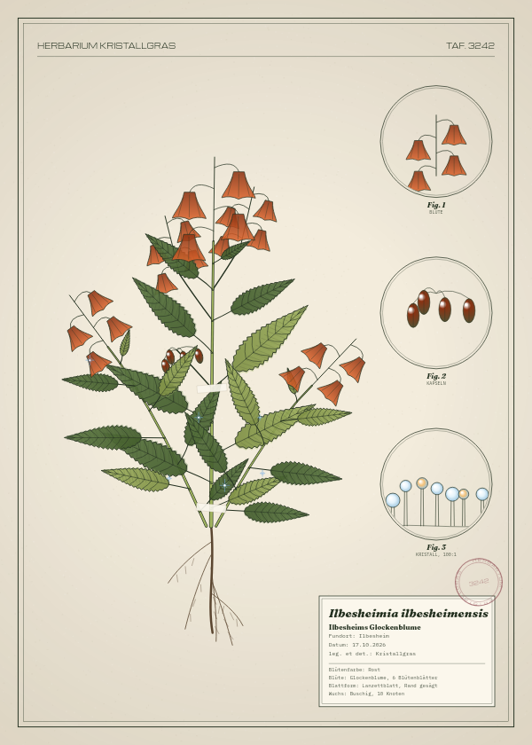 Botanische Tafel: Ilbesheimia ilbesheimensis, eine erfundene Pflanze aus Ilbesheim, gezeichnet wie in einem alten Pflanzenatlas