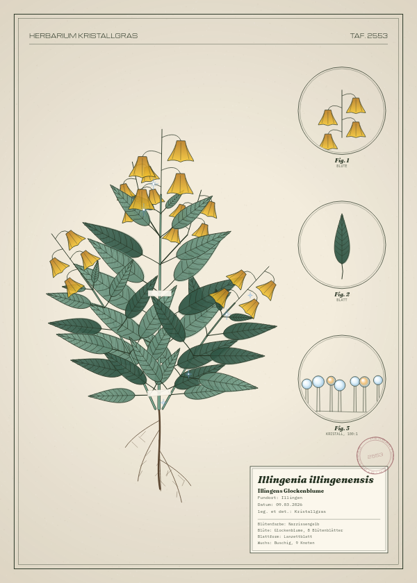 Botanische Tafel: Illingenia illingenensis, eine erfundene Pflanze aus Illingen, gezeichnet wie in einem alten Pflanzenatlas