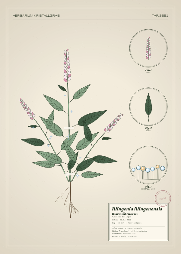 Botanische Tafel: Illingenia illingenensis, eine erfundene Pflanze aus Illingen, gezeichnet wie in einem alten Pflanzenatlas