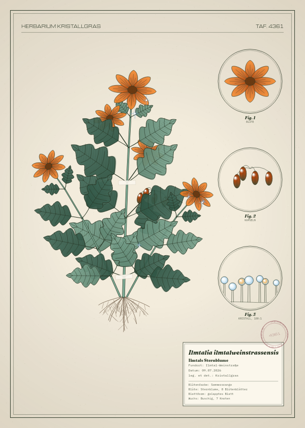 Botanische Tafel: Ilmtalia ilmtalweinstrassensis, eine erfundene Pflanze aus Ilmtal-Weinstraße, gezeichnet wie in einem alten Pflanzenatlas