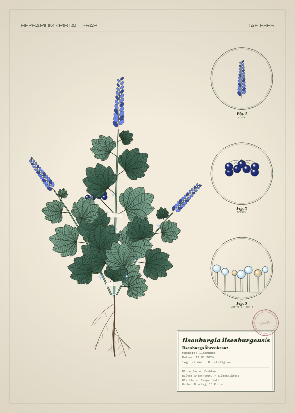 Botanische Tafel: Ilsenburgia ilsenburgensis, eine erfundene Pflanze aus Ilsenburg, gezeichnet wie in einem alten Pflanzenatlas