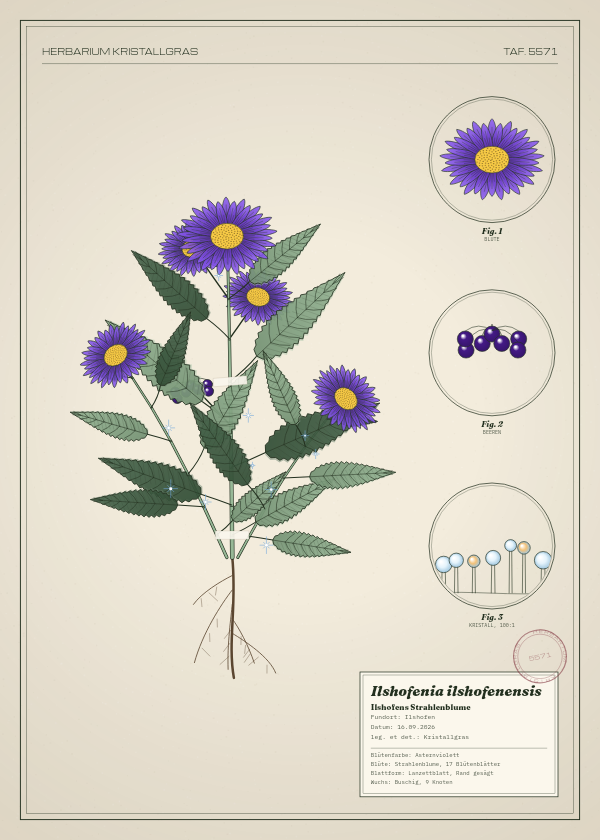 Botanische Tafel: Ilshofenia ilshofenensis, eine erfundene Pflanze aus Ilshofen, gezeichnet wie in einem alten Pflanzenatlas