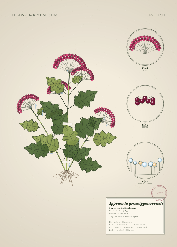 Botanische Tafel: Ippeneria grossippenerensis, eine erfundene Pflanze aus Groß Ippener, gezeichnet wie in einem alten Pflanzenatlas
