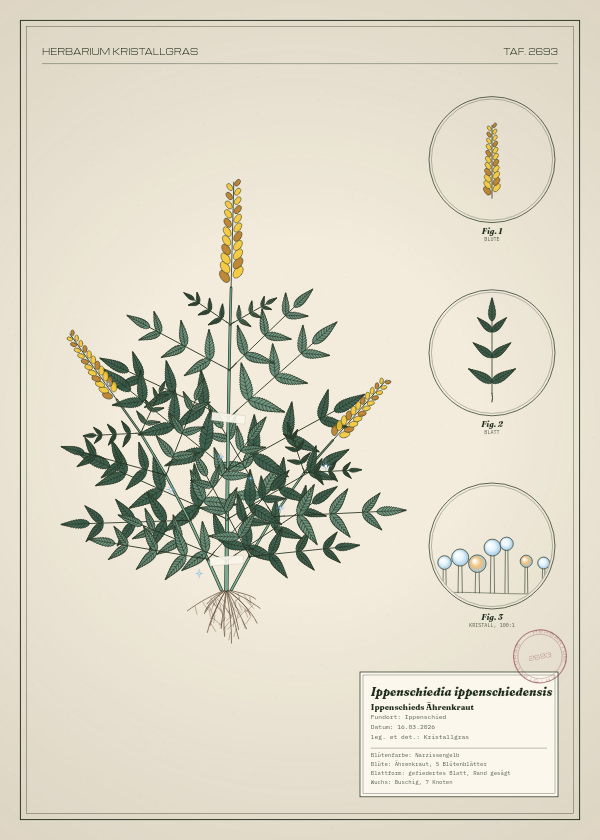 Botanische Tafel: Ippenschiedia ippenschiedensis, eine erfundene Pflanze aus Ippenschied, gezeichnet wie in einem alten Pflanzenatlas