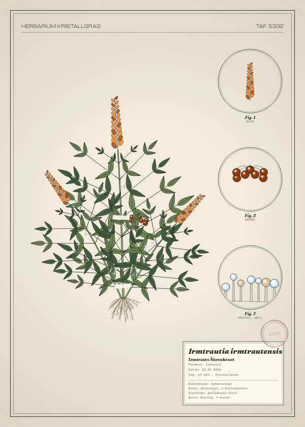 Botanische Tafel: Irmtrautia irmtrautensis, eine erfundene Pflanze aus Irmtraut, gezeichnet wie in einem alten Pflanzenatlas