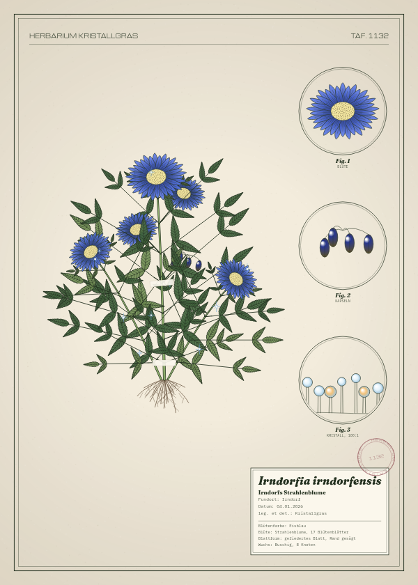 Botanische Tafel: Irndorfia irndorfensis, eine erfundene Pflanze aus Irndorf, gezeichnet wie in einem alten Pflanzenatlas