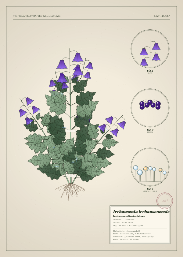 Botanische Tafel: Irrhausenia irrhausenensis, eine erfundene Pflanze aus Irrhausen, gezeichnet wie in einem alten Pflanzenatlas