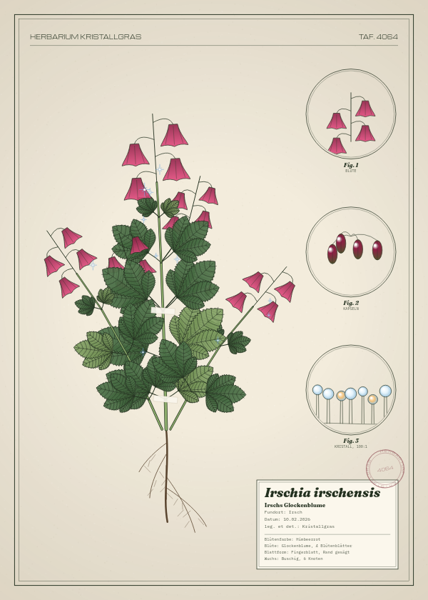 Botanische Tafel: Irschia irschensis, eine erfundene Pflanze aus Irsch, gezeichnet wie in einem alten Pflanzenatlas