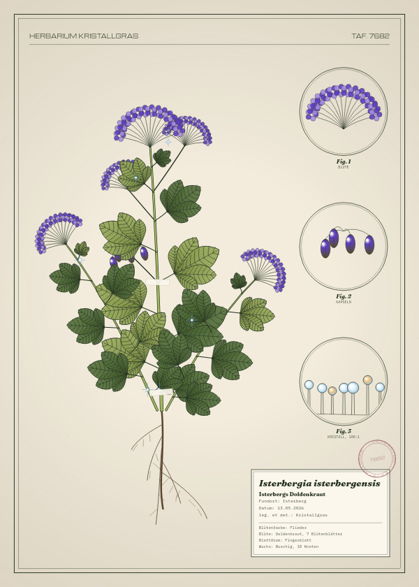 Botanische Tafel: Isterbergia isterbergensis, eine erfundene Pflanze aus Isterberg, gezeichnet wie in einem alten Pflanzenatlas