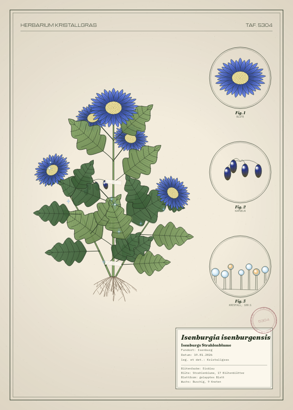 Botanische Tafel: Isenburgia isenburgensis, eine erfundene Pflanze aus Isenburg, gezeichnet wie in einem alten Pflanzenatlas