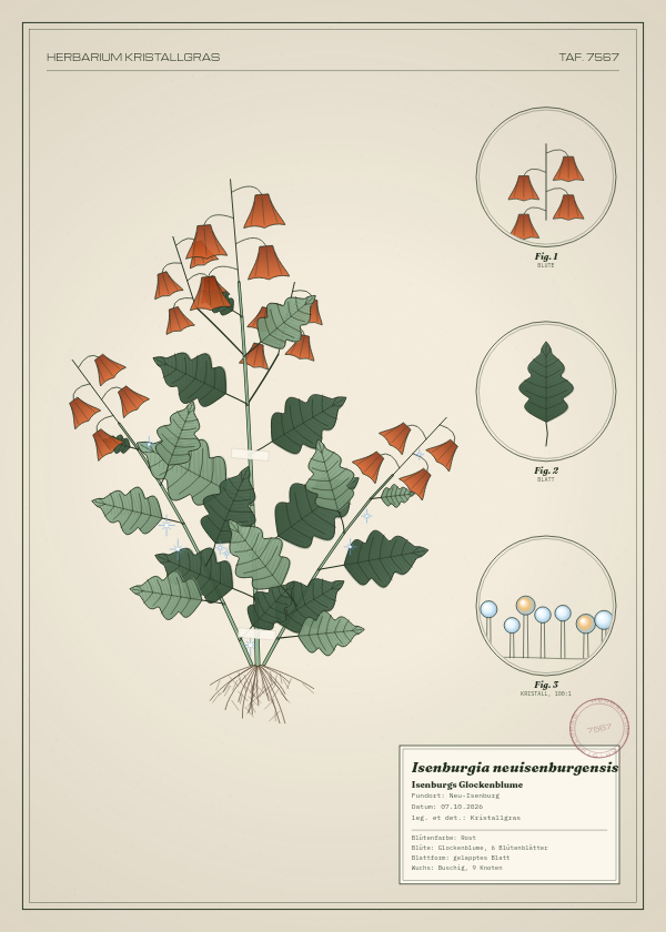 Botanische Tafel: Isenburgia neuisenburgensis, eine erfundene Pflanze aus Neu-Isenburg, gezeichnet wie in einem alten Pflanzenatlas