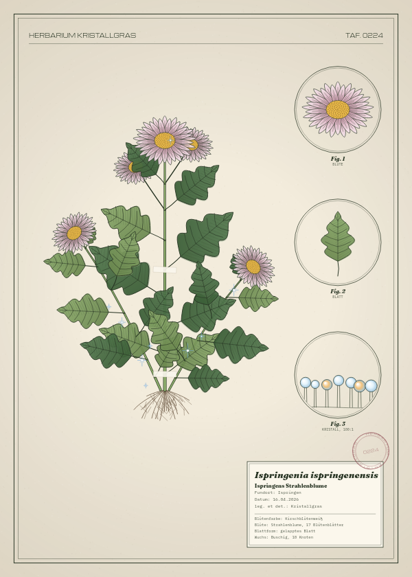 Botanische Tafel: Ispringenia ispringenensis, eine erfundene Pflanze aus Ispringen, gezeichnet wie in einem alten Pflanzenatlas