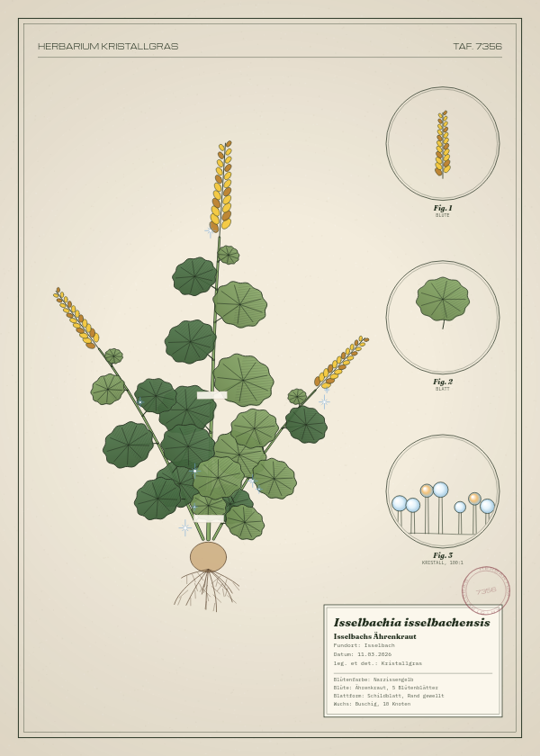 Botanische Tafel: Isselbachia isselbachensis, eine erfundene Pflanze aus Isselbach, gezeichnet wie in einem alten Pflanzenatlas