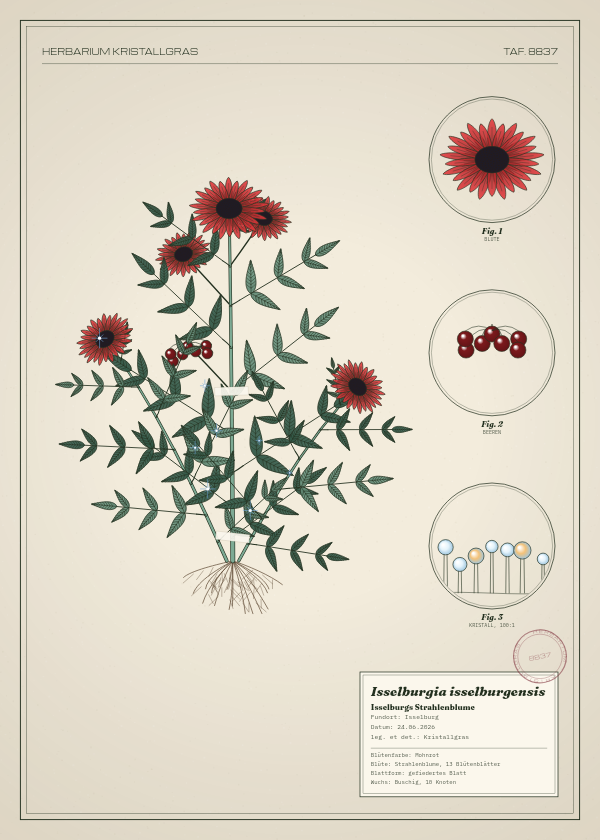 Botanische Tafel: Isselburgia isselburgensis, eine erfundene Pflanze aus Isselburg, gezeichnet wie in einem alten Pflanzenatlas