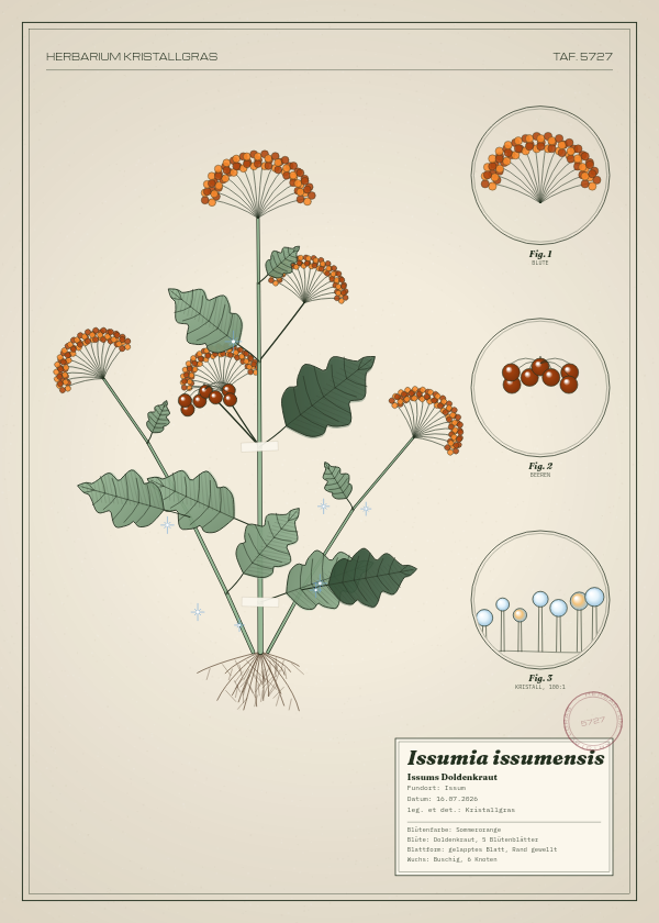 Botanische Tafel: Issumia issumensis, eine erfundene Pflanze aus Issum, gezeichnet wie in einem alten Pflanzenatlas